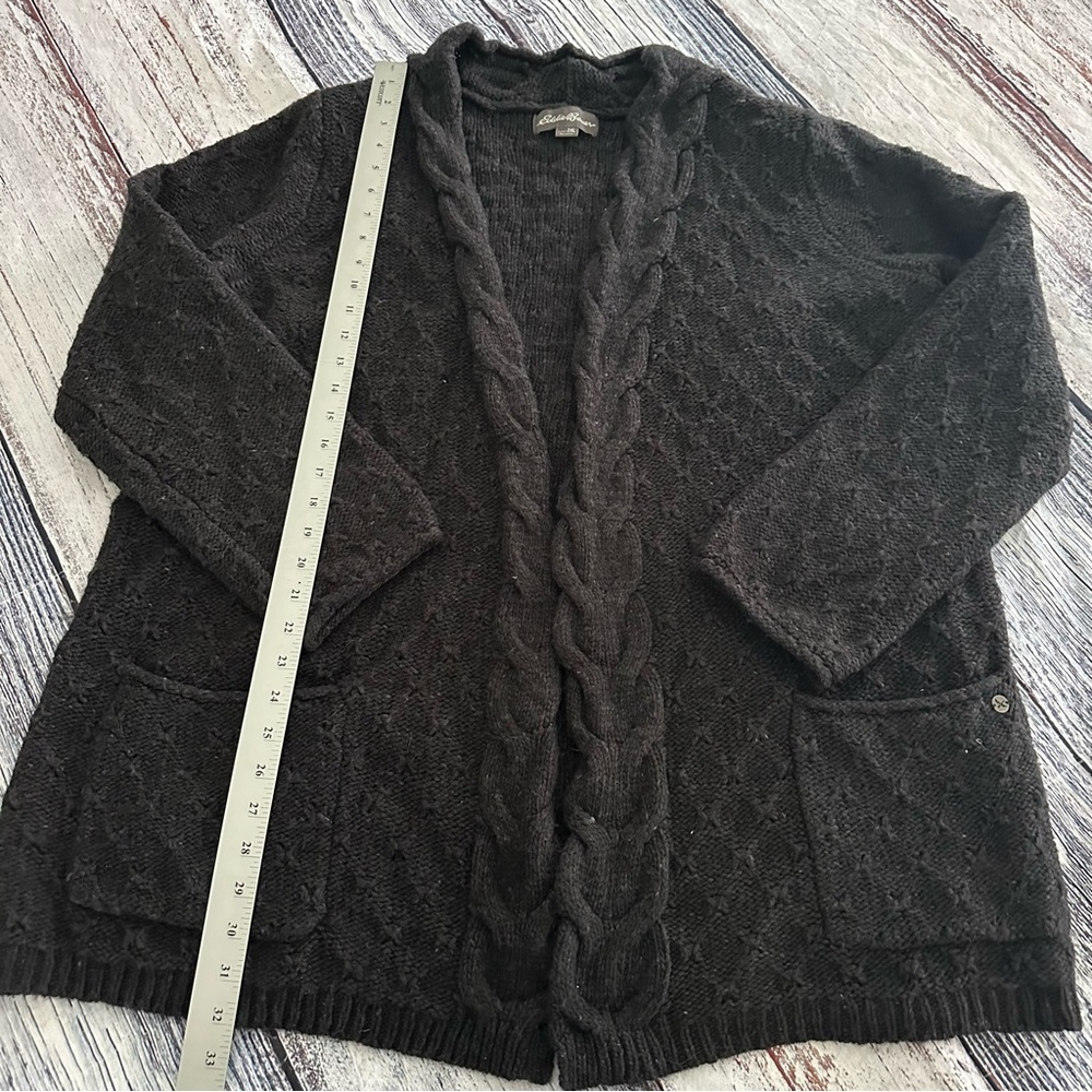 Eddie Bauer Wool Blend Cable Knit Open Cardigan In Charcoal Gray - Picture 6 of 7